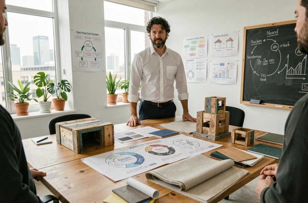 Équipe en réunion autour de prototypes éco-conçus dans un bureau dédié à l'économie circulaire