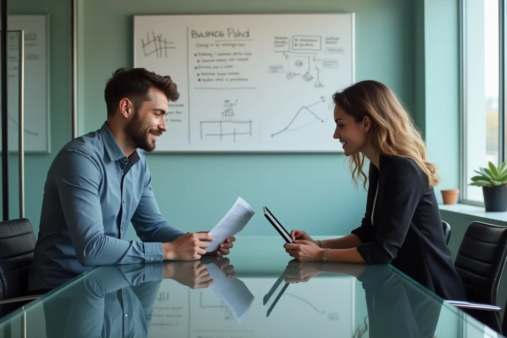 Deux professionnels analysant ensemble les avantages d'une plateforme de mise en relation versus le freelance classique en réunion