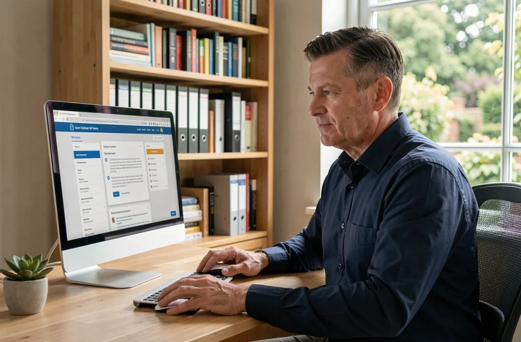 Salarié en télétravail accédant à ses documents RH et bulletins de salaire depuis son bureau à domicile
