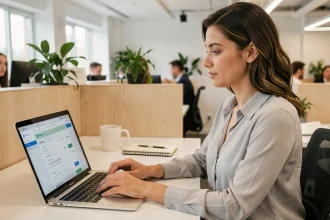 Employée consultant son bulletin de paie en ligne sur un portail RH depuis son bureau en open space
