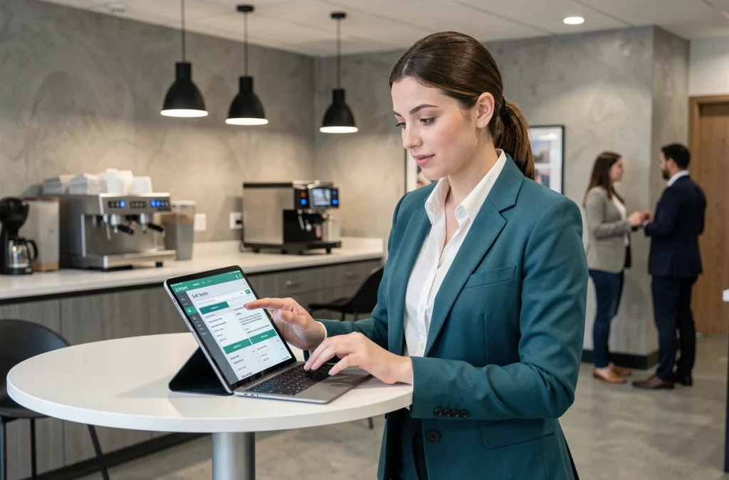 Jeune salariée consultant ses bulletins et contrats de travail sur tablette via le desk RH de son entreprise