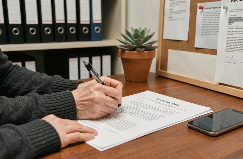 Signature d'un formulaire de consentement de données personnelles par une employée dans un bureau RH