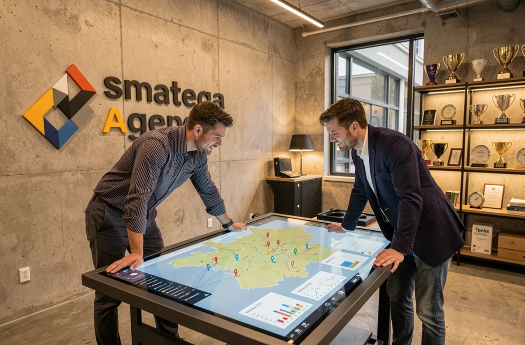 Deux membres de l'équipe de Smatega Agency travaillant sur une carte de campagne SEO régionale sur une table tactile dans un bureau contemporain