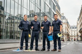Équipe professionnelle de nettoyage en Île-de-France devant un immeuble moderne parisien