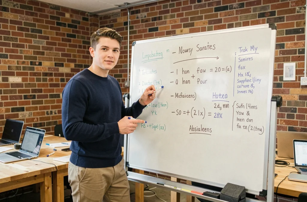 Jeune stagiaire présentant une comparaison de rémunération par secteur devant un tableau dans un espace de coworking