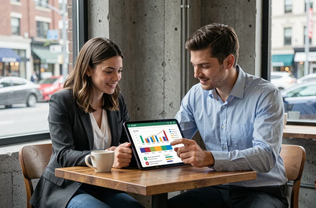 Deux stagiaires analysant ensemble un comparatif de rémunération par secteur sur une tablette dans un café professionnel