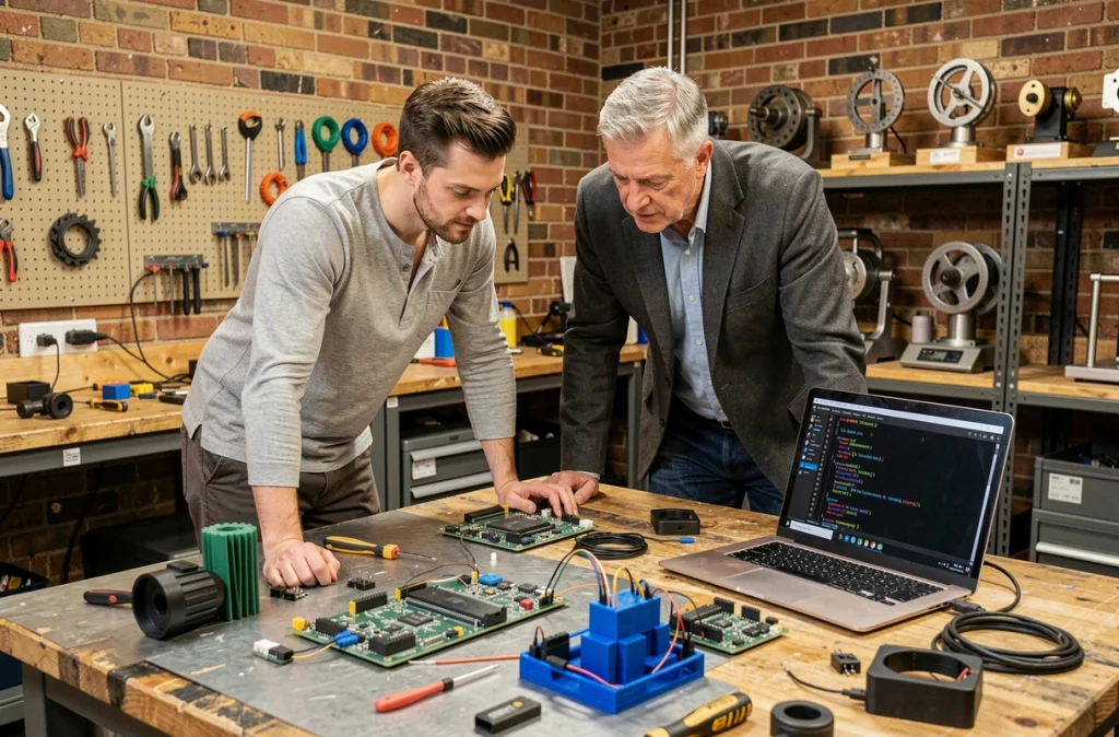 Deux entrepreneurs d'une start-up industrielle travaillant sur des prototypes intégrant l'intelligence artificielle dans un atelier