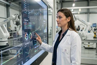 Ingénieure analysant des données d'intelligence artificielle sur un écran tactile dans une usine industrielle moderne