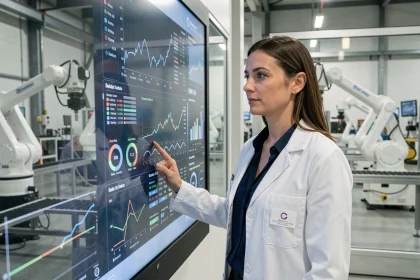 Ingénieure analysant des données d'intelligence artificielle sur un écran tactile dans une usine industrielle moderne