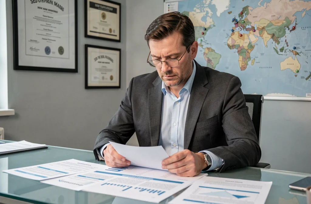 Stéphane Delgado, consultant SEO, examinant des rapports de performance SEO imprimés sur son bureau vitré dans un bureau professionnel