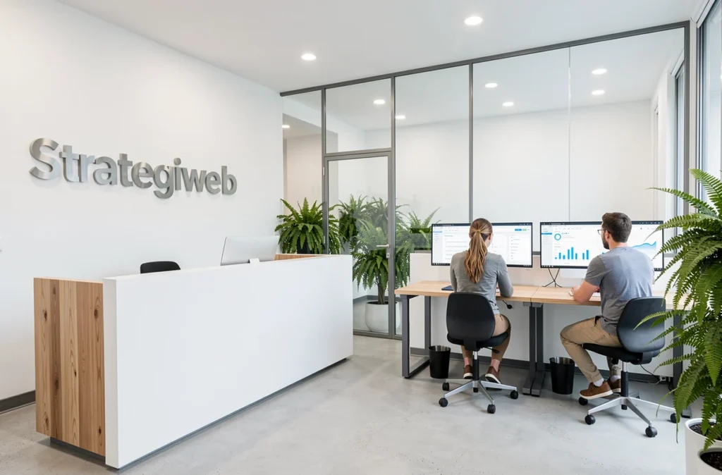 Bureau de l'agence Strategiweb avec une équipe de trois professionnels travaillant sur des stratégies SEO devant des écrans d'analyse dans un espace minimaliste