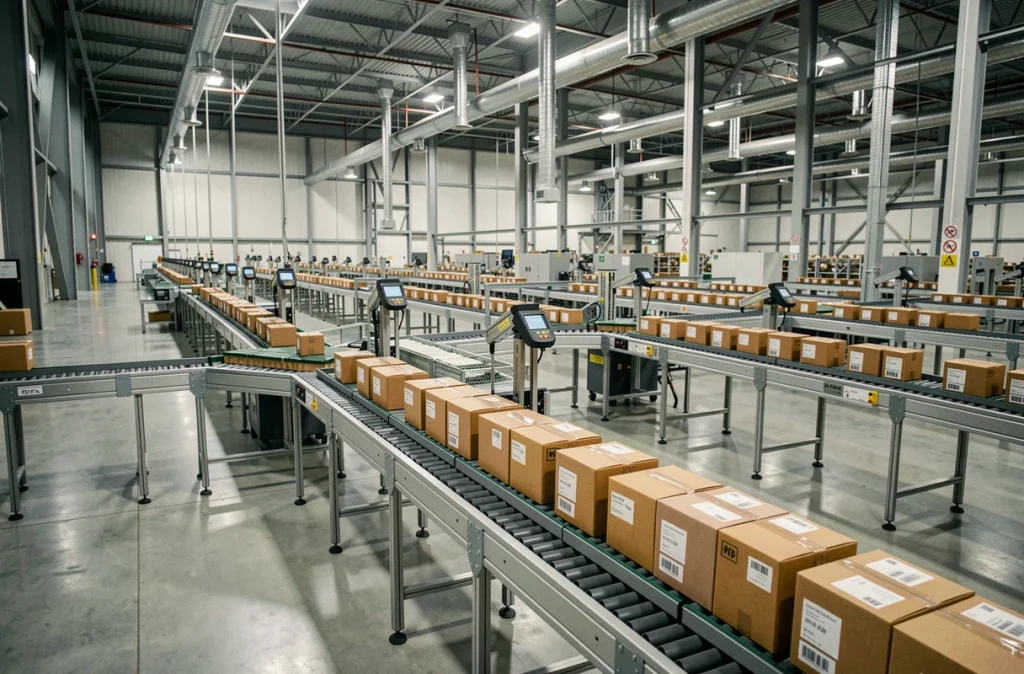 Vue panoramique d'un système de convoyeurs automatisés dans un centre de distribution logistique