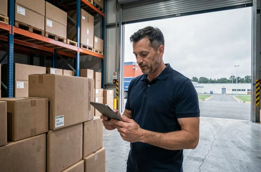 Homme consultant des tarifs de transporteurs sur une tablette dans un entrepôt logistique avec des colis empilés