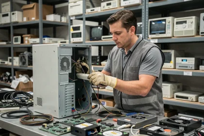 Technicien démontant un ordinateur obsolète dans un centre de recyclage de déchets électroniques en entreprise