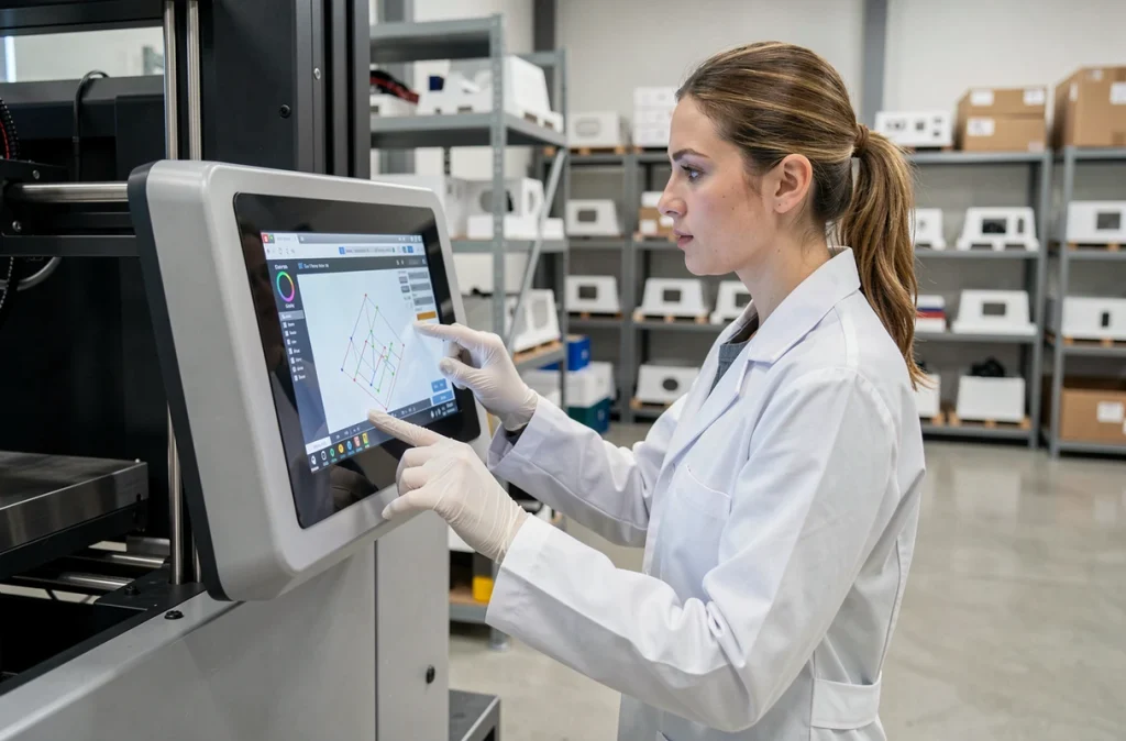 Technicienne calibrant une imprimante 3D industrielle de grande taille dans un laboratoire de fabrication
