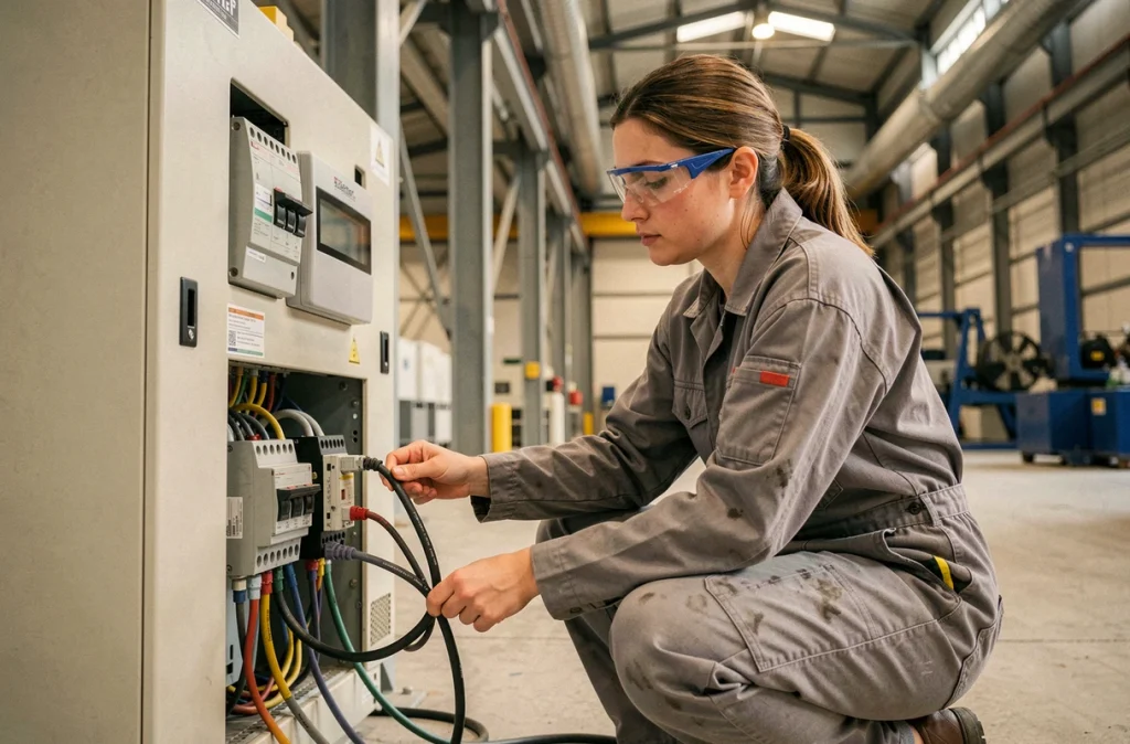 Technicienne raccordant un onduleur solaire dans une usine de fabrication française