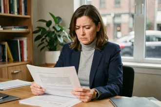 Femme cadre en télétravail consultant des documents juridiques dans son bureau à domicile