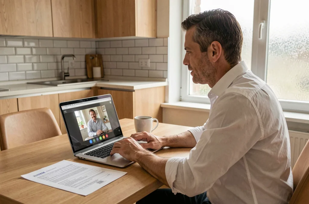 Employé en visioconférence depuis son domicile avec un contrat de travail posé sur la table