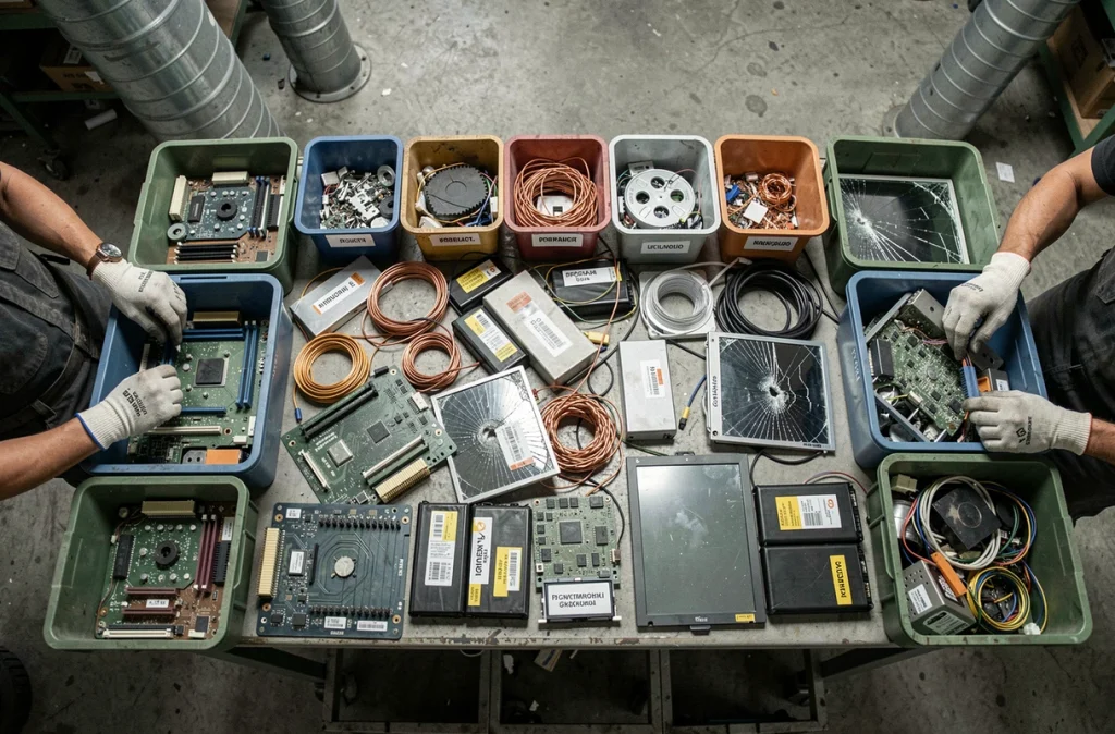 Vue aérienne d'une table de tri de composants électroniques usagés dans un entrepôt de recyclage industriel