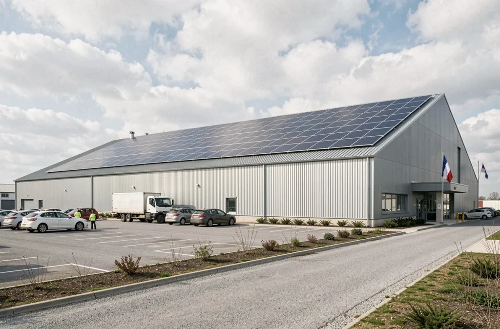 Vue extérieure d'une usine française équipée de panneaux photovoltaïques sur toiture inclinée