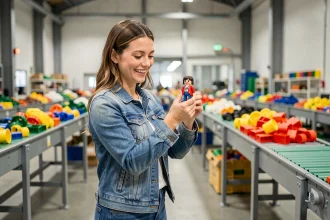 Femme adulte tenant une figurine Playmobil lors d'une visite guidée de l'usine de fabrication